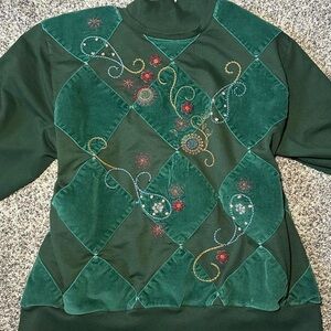 Alfred Dunner Green Crew Neck Sweater with Embroidered Design